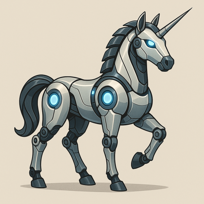 A robotic unicorn designed in sleek metal with glowing accents, representing the blend of innovation, creativity, and technology offered by TechCraftersHub.