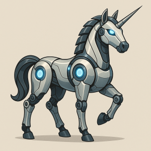 A robotic unicorn designed in sleek metal with glowing accents, representing the blend of innovation, creativity, and technology offered by TechCraftersHub.