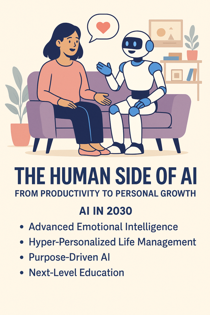 Illustration of a woman talking to a friendly robot on a couch, symbolizing the emotional and personal support roles of AI in 2030.