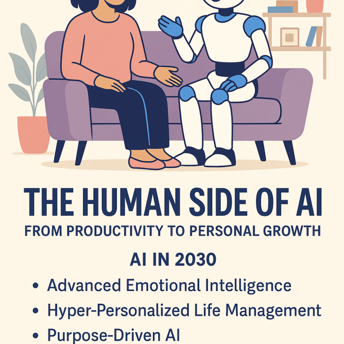 Illustration of a woman talking to a friendly robot on a couch, symbolizing the emotional and personal support roles of AI in 2030.